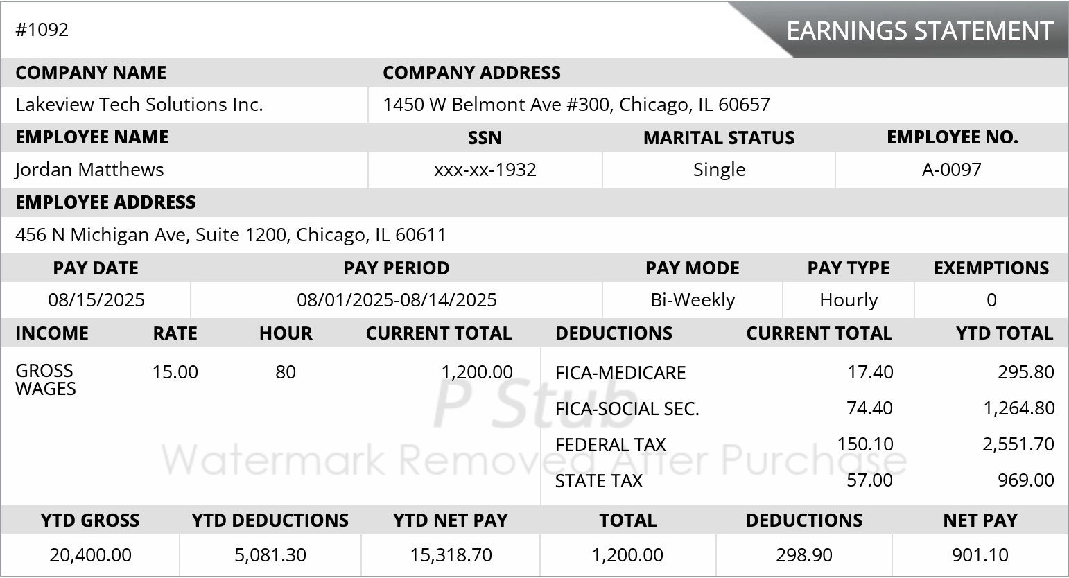 Sample regular pay stub showing company and employee information, earnings, deductions, and year-to-date totals
